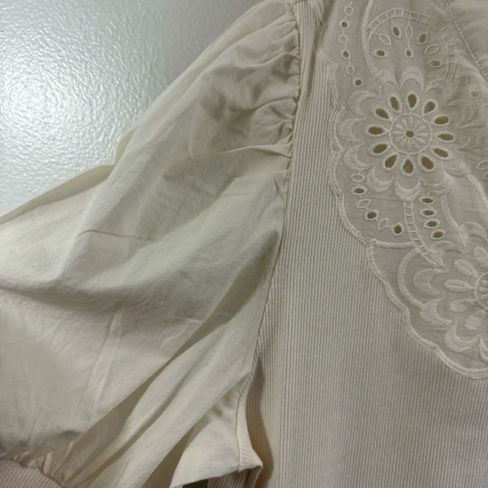 Loft Eyelet Yoke Mixed Media Top in Ecru Ivory Cream Size L Large #596116